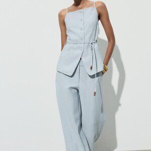 Zara Light Blue Beaded Belt Vest & High-Waisted Straight Leg Pants Co-Ord Set XS